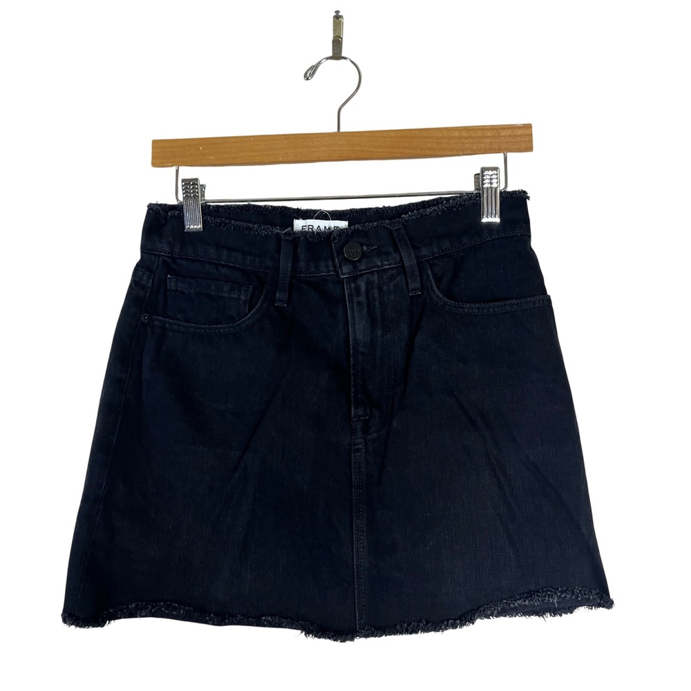 Frame Le Mini Skirt Solid Denim Skirt Black Forest Edgy Raw Hem Size 26